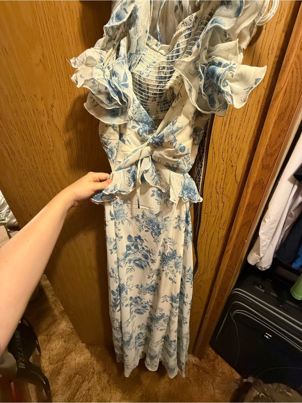 Floral Ruffle Maxi Dress in Blue and White
